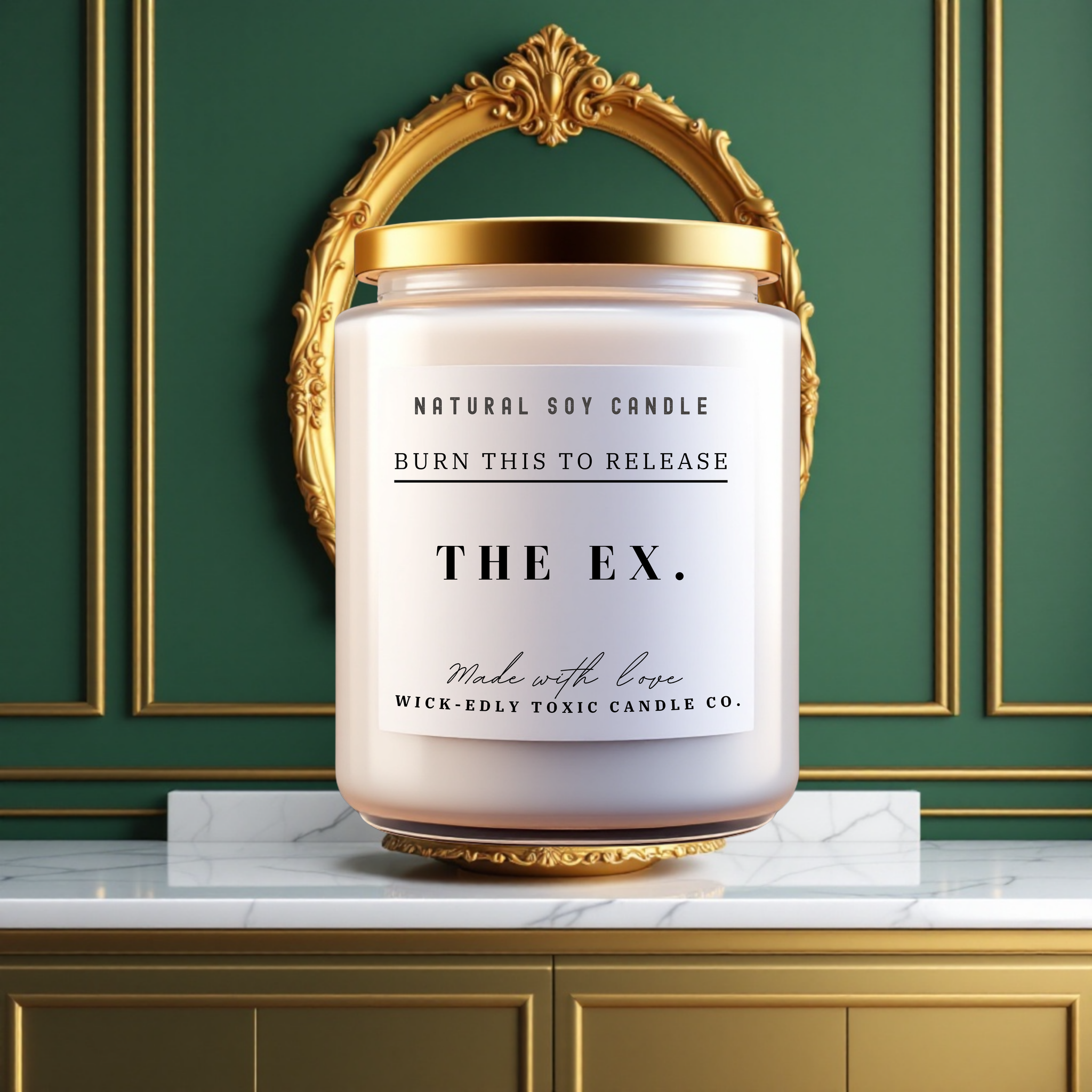The Ex orange, lavender, and lemon-scented 9oz soy candle in apothecary jar, eco-friendly coconut apricot wax, fresh and revitalizing fragrance.