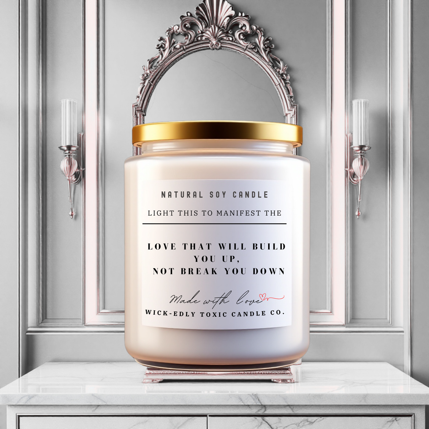 Love That Will Build You Up, Not Break You Down 9oz soy candle in apothecary jar, eco-friendly coconut apricot wax, uplifting scent.