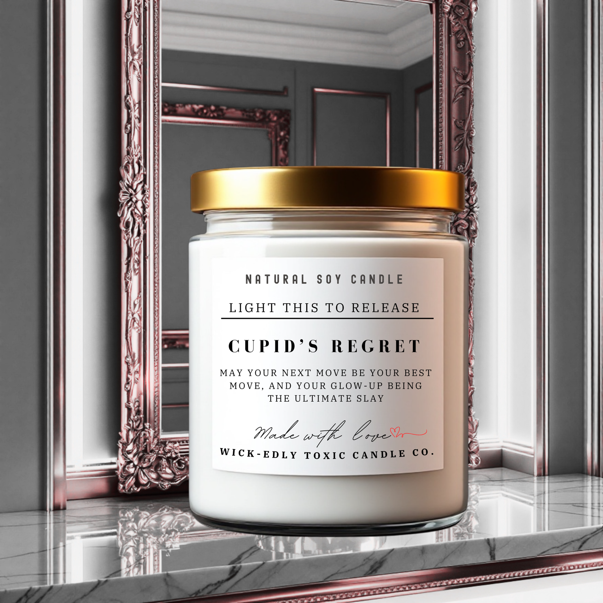 Cupid's Regret 9oz soy candle in apothecary jar, eco-friendly coconut apricot wax, calming scent.