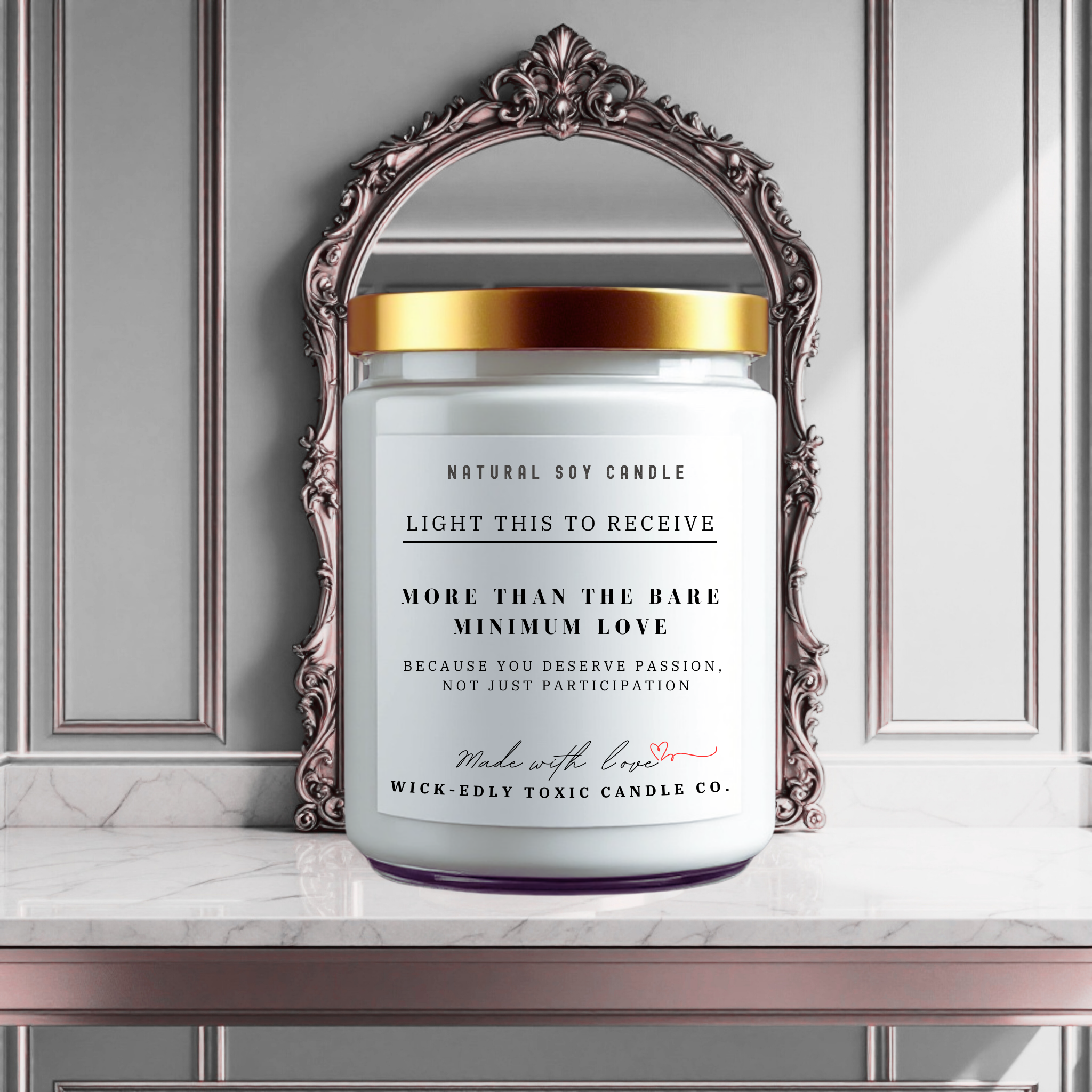 More Than the Bare Minimum lavender-scented 9oz soy candle in apothecary jar, eco-friendly coconut apricot wax, soothing and calming fragrance.