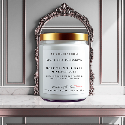 More Than the Bare Minimum lavender-scented 9oz soy candle in apothecary jar, eco-friendly coconut apricot wax, soothing and calming fragrance.
