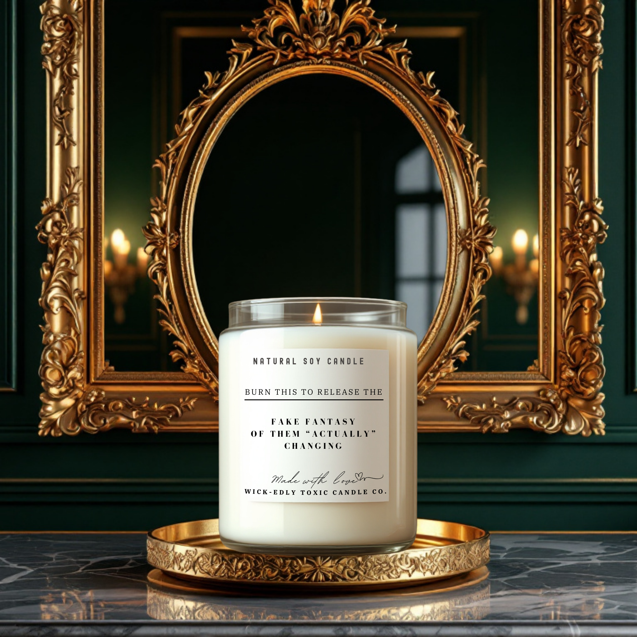 The Fake Future 9oz soy candle in apothecary jar, eco-friendly coconut apricot wax, bold and thought-provoking fragrance for letting go.