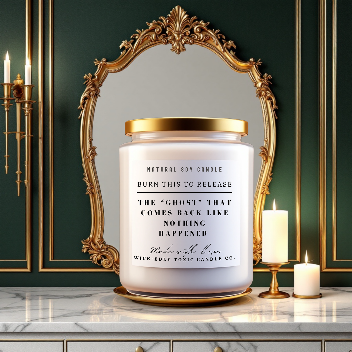 The Ghost That Comes Back lavender and sage-scented 9oz soy candle in apothecary jar, eco-friendly coconut apricot wax, lavender and sage scented calming  fragrance.